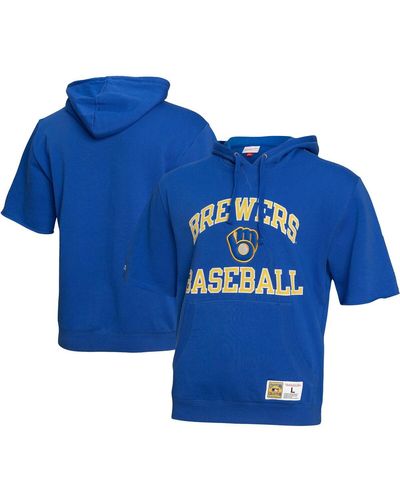 Mitchell & Ness Milwaukee Brewers Cooperstown Collection Washed Fleece Pullover Short Sleeve Hoodie - Blue