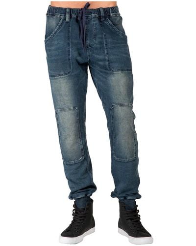 Level 7 Premium Knit Denim jogger Jeans Indigo Hand Sanded Knee Patches - Blue