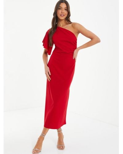 Quiz One-shoulder Frill Sleeve Dress - Red