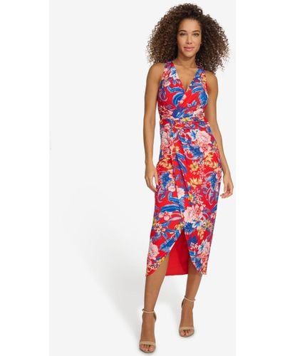 Siena Jewelry Floral Side-ruched Sleeveless Midi Dress - Red