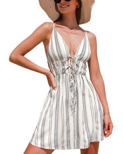 CUPSHE Striped Waist Cutout & Tie Mini Beach Dress - White