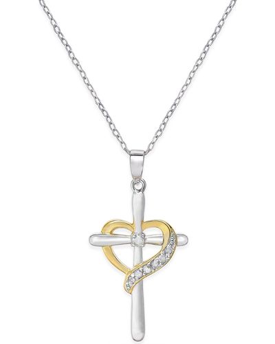 Macy's Diamond Cross Heart Pendant Necklace (1/10 Ct. T.w. - Metallic