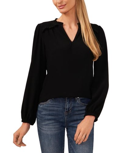 Cece Smocked Shoulder Blouson-sleeve Top - Black