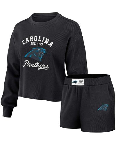WEAR by Erin Andrews Distressed Carolina Panthers Waffle Knit Long Sleeve T-shirt And Shorts Lounge Set - Blue