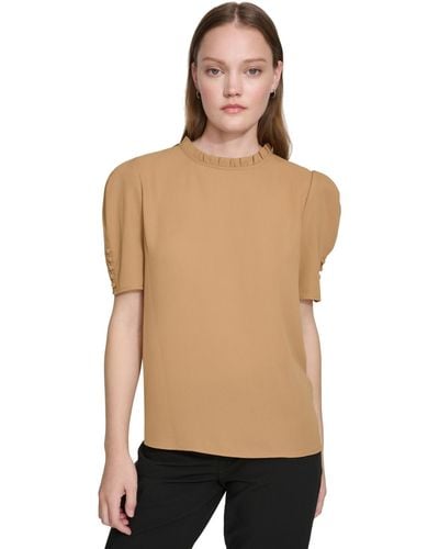 Calvin Klein Petite Pleated Mock-neck Puff-sleeve Top - Natural