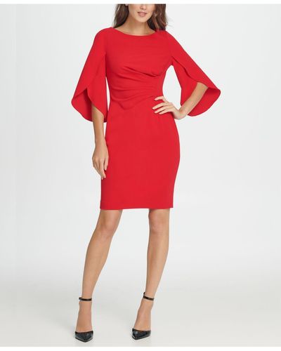 DKNY 3/4 Tulip Sleeve Side Ruche Sheath Dress - Red