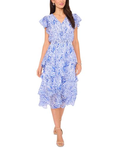 Vince Camuto Printed Flutter-sleeve Tiered Midi Dress - Blue