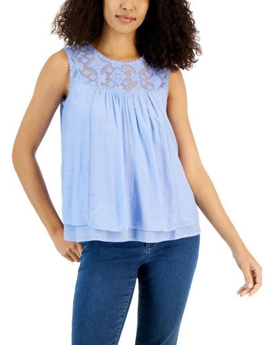 Style & Co. Sleeveless Embroidered Lace Top - Blue