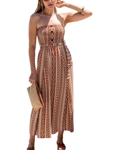 CUPSHE Geo Print Belted Tube Beach Dress - Brown