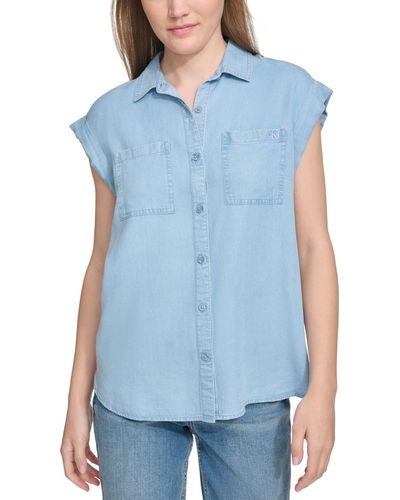 Calvin Klein Petite Button-front Cap-sleeve Shirt - Blue