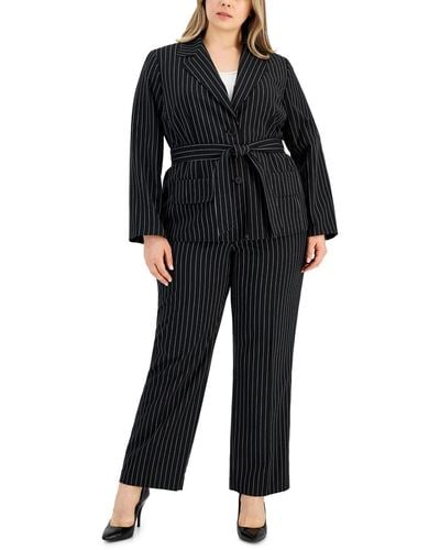Le Suit Plus Size Striped Belted Pantsuit - Black