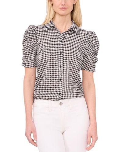 Cece Ruched Sleeve Collared Button Down Blouse - Gray