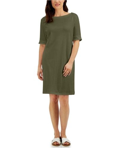 Karen Scott Cotton Cuffed-sleeve Dress, Created For Macy's - Green