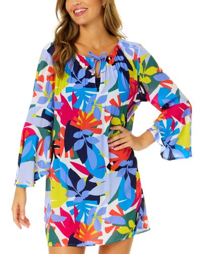 Anne Cole Floral Bell-sleeve Cover-up Tunic - Blue