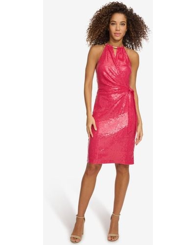 Kensie Sequined Faux-wrap Sheath Dress - Red