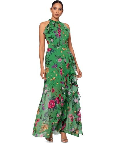 Betsy & Adam Petite Floral-print Ruffled Halter Gown - Green
