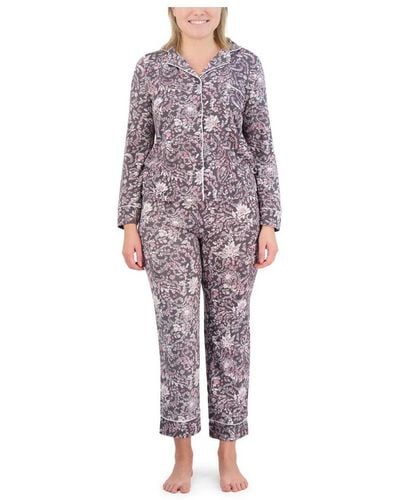 Tahari Long Sleeve Notch Collar Top And Pants 2 Piece Pajama Set - Purple
