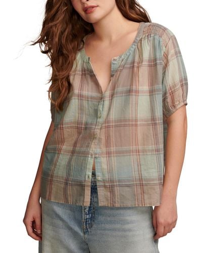 Lucky Brand Cotton Plaid Smocked-shoulder Blouse - Gray