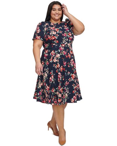 Calvin Klein Plus Size Printed Fit & Flare Short-sleeve Dress - Blue