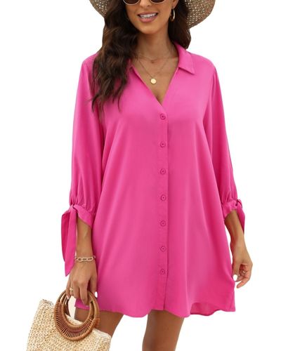 CUPSHE V-neck Button Front Cover-up Dress - Pink