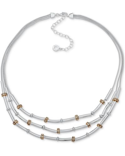 Anne Klein Two-tone Pave Rondelle Bead & Bar Triple-row Statement Necklace - Metallic