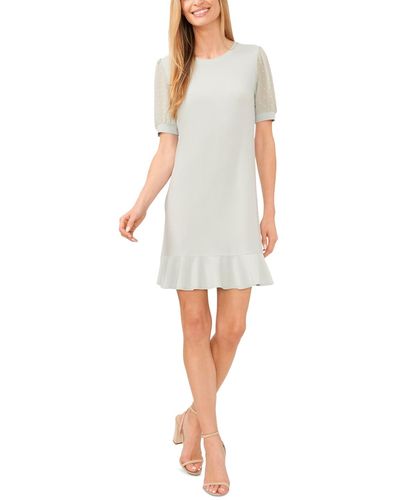 Cece Mixed Media Puffed Clip Dot Short Sleeve Dress - White