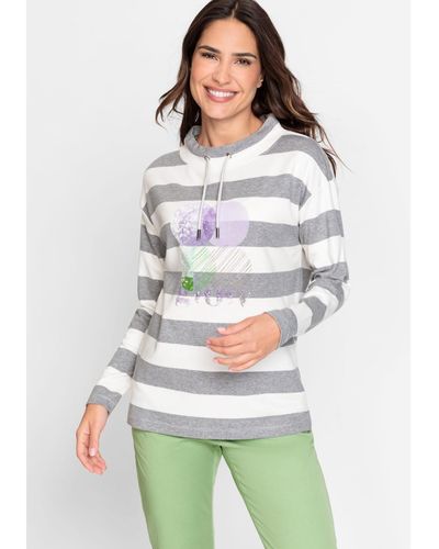 Olsen 100% Cotton Long Sleeve Stripe & Placement Print Jersey Top - Gray