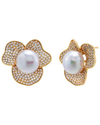 By Adina Eden Pave Three Petal Imitation Pearl Stud Earring - Metallic