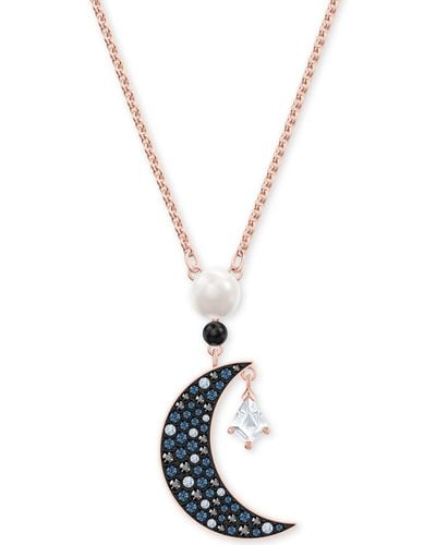 Swarovski Rose Gold-tone Imitation Pearl & Crystal Moon Pendant Necklace - Metallic