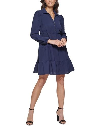 Kensie Collared Tiered Shift Dress - Blue