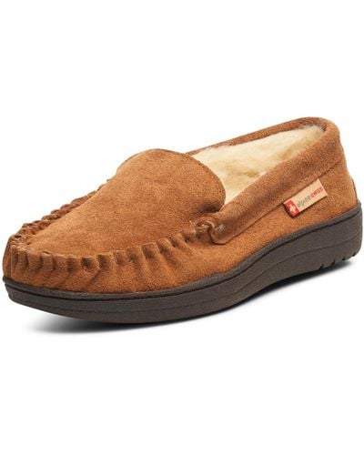 Alpine Swiss Yukon Suede Shearling Moccasin Slippers Moc Toe Slip On Shoes - Brown