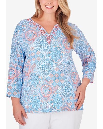 Ruby Rd. Plus Size Embellished Diagonal Tiles Patchwork Top - Blue