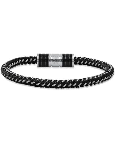 Hickey Freeman Hickey By Carbon Fiber Two Tone Stainless Steel And Leather Cord Woven Braided Bracelet - Black