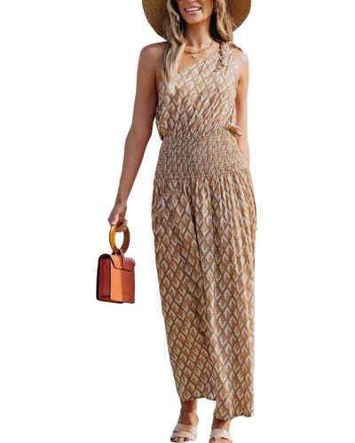 CUPSHE Retro One-shoulder Smocked Maxi Beach Dress - Brown