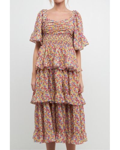 Free the Roses Floral Smocked Ruffle Tiered Midi Dress - Multicolor