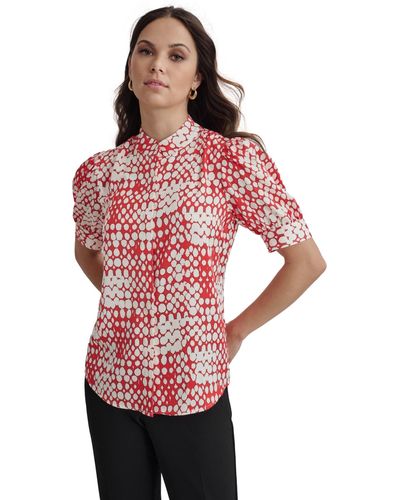 DKNY Printed Short Sleeve Blouse - Red