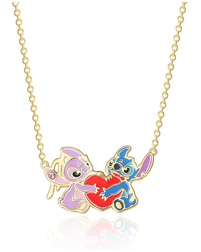 Disney Lilo And Stitch Yellow Gold Plated Stitch And Angel Enamel Heart Necklace - White