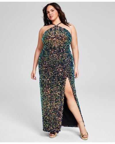 B Darlin Trendy Plus Size Sequined Halter High-slit Gown - Multicolor
