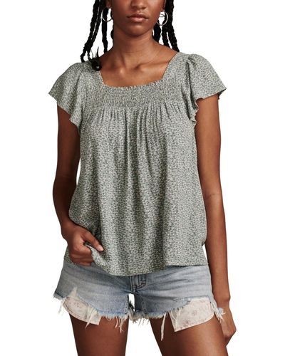 Lucky Brand Smocked Square-neck Flutter-sleeve Top - Gray
