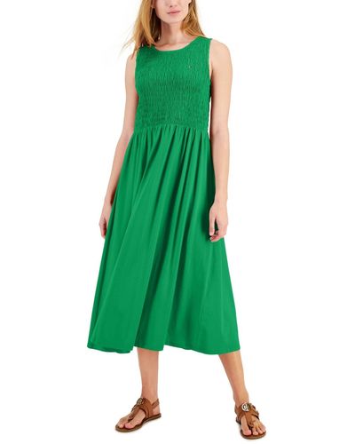 Tommy Hilfiger Smocked-bodice Sleeveless Midi Dress - Green