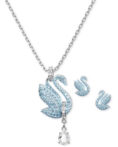 Swarovski Silver-tone 2-pc. Set & White Crystal Iconic Swan Pendant Necklace & Matching Stud Earrings - Blue