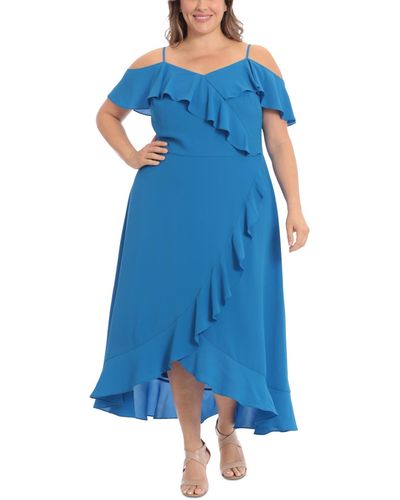 London Times Plus Size Ruffled Cold-shoulder Maxi Dress - Blue