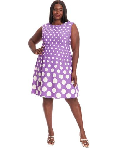 London Times Plus Size Polka-dot Fit & Flare Dress - Purple