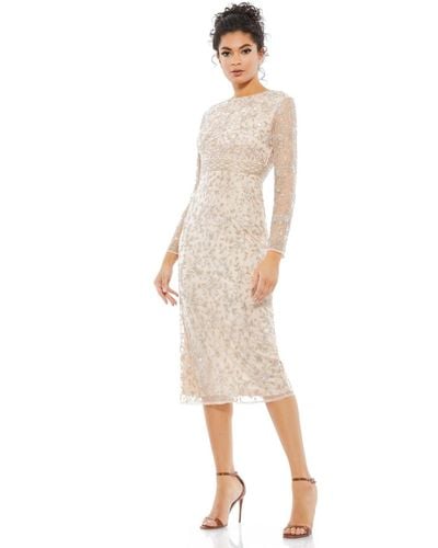 Mac Duggal Beaded Tea Length Dress W/ Sheer Sleeves - White
