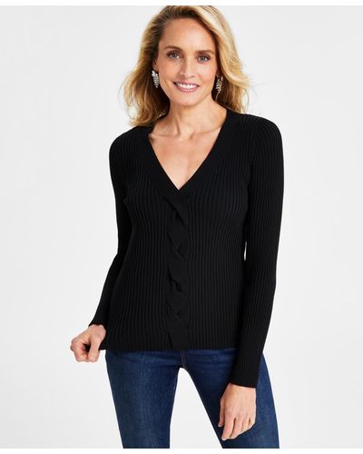 INC International Concepts Ribbed Cable-front V-neck Sweater - Black
