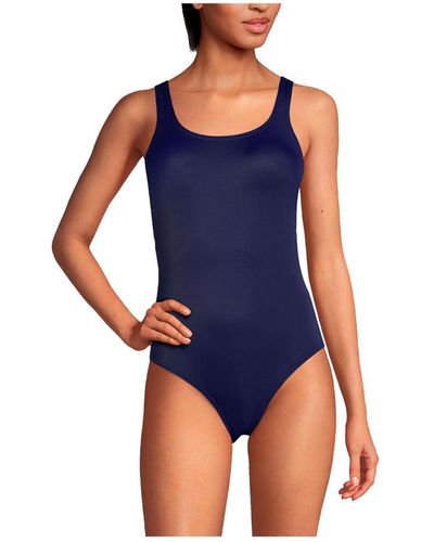 Lands' End Chlorine Resistant High Leg Soft Cup Tugless Sporty One Piece Swimsuit - Blue