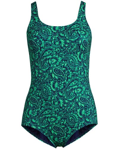 Lands' End Long Scoop Neck Soft Cup Tugless Sporty One Piece Swimsuit Print - Green