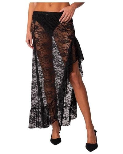 Edikted Asymmetric Ruffle Sheer Lace Maxi Skirt - Black