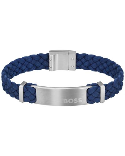 BOSS Dylan Stainless Steel Navy Leather Bracelet - Blue