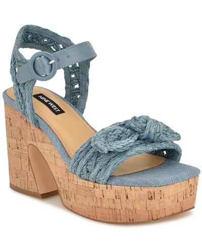 Nine West Comiele Square Toe Block Heel Wedge Sandals - Blue